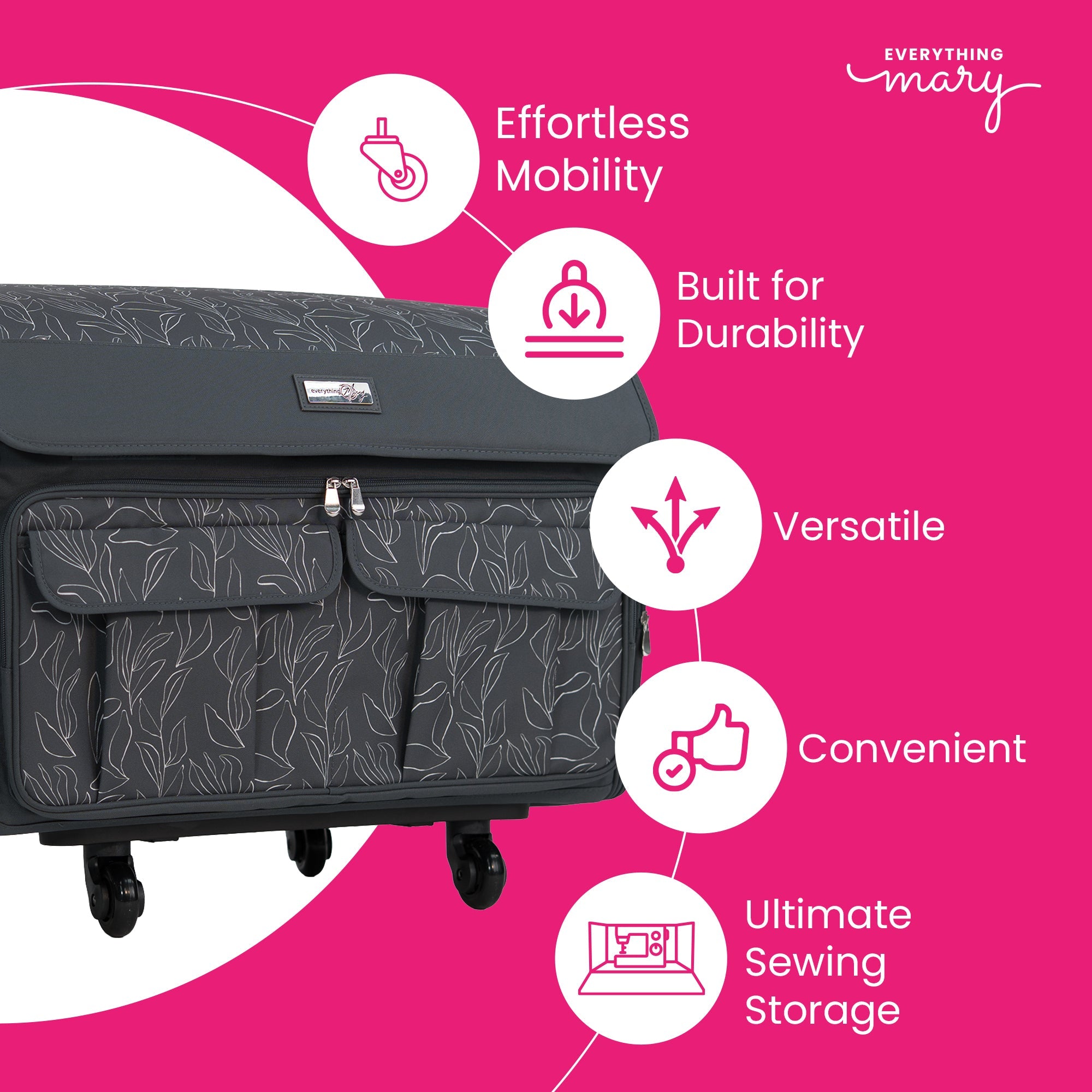 Everything Mary XXL 4 Wheel Collapsible Rolling Sewing Machine Storage Case, Grey Floral