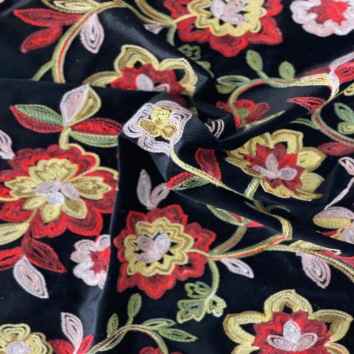 Briony Multicolor Floral Embroidered Stretch Velvet Fabric