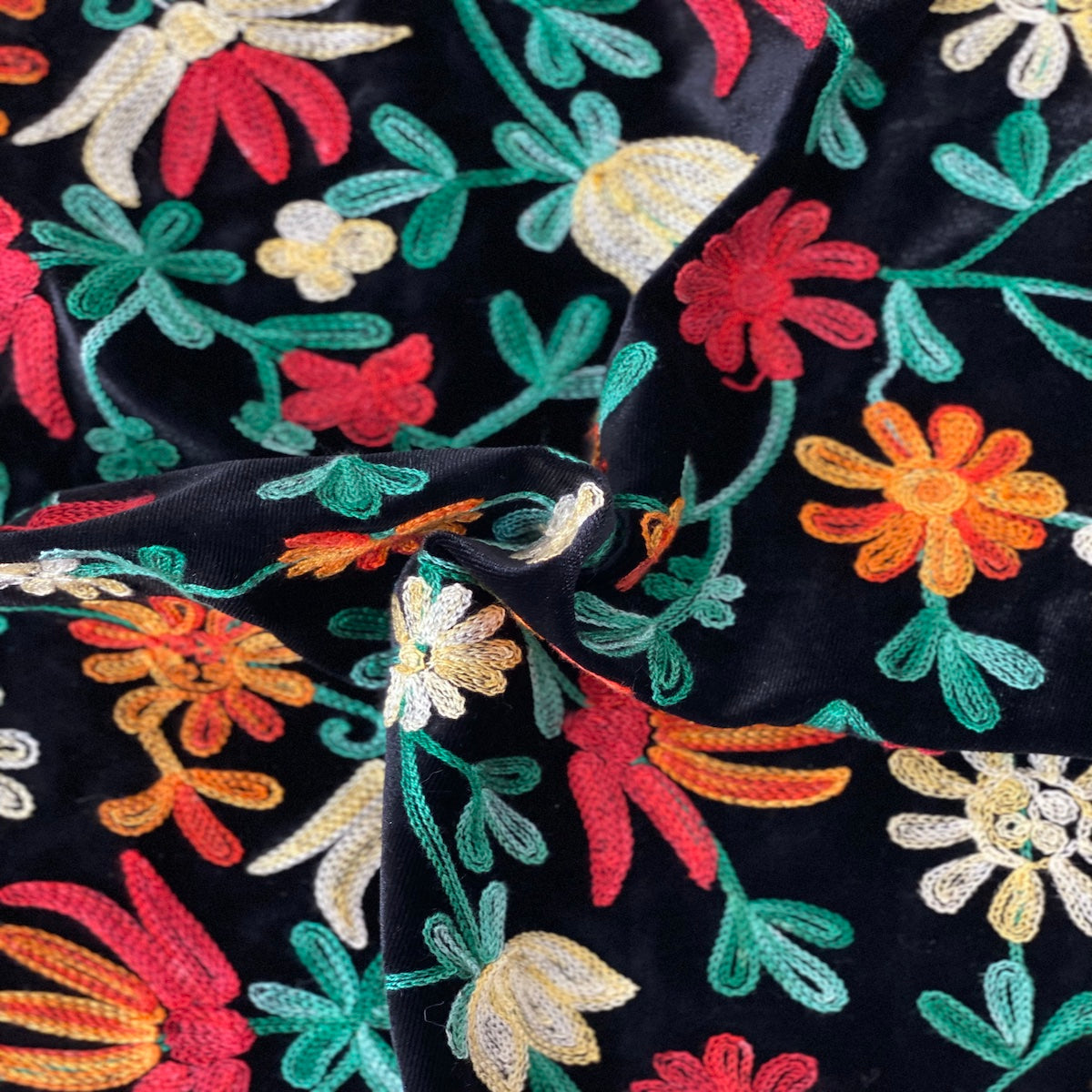 Briony Multicolor Floral Embroidered Stretch Velvet Fabric