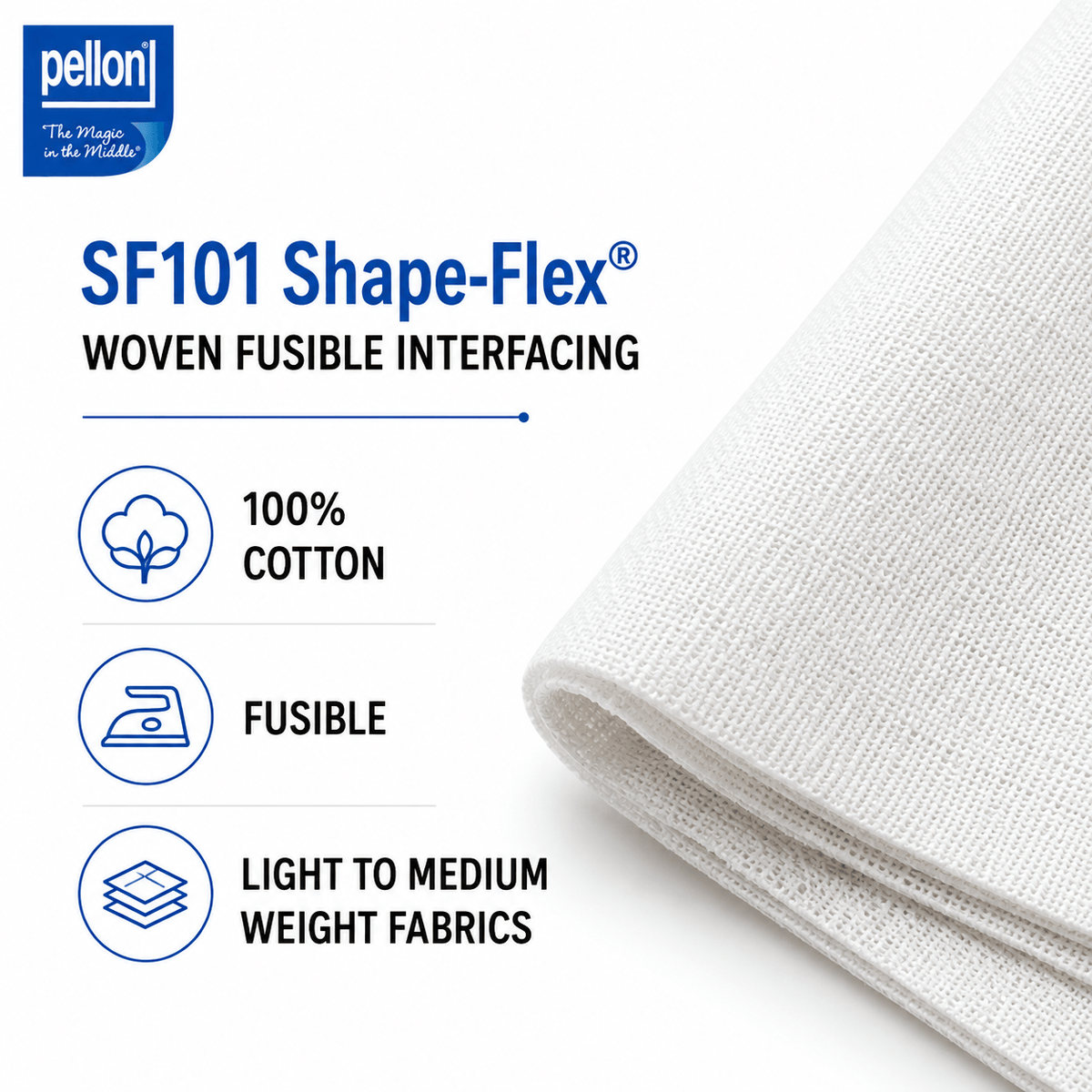 Pellon® SF101 Shape-Flex® Fusible Woven Cotton Interfacing – 20" x 1 Yard (White)