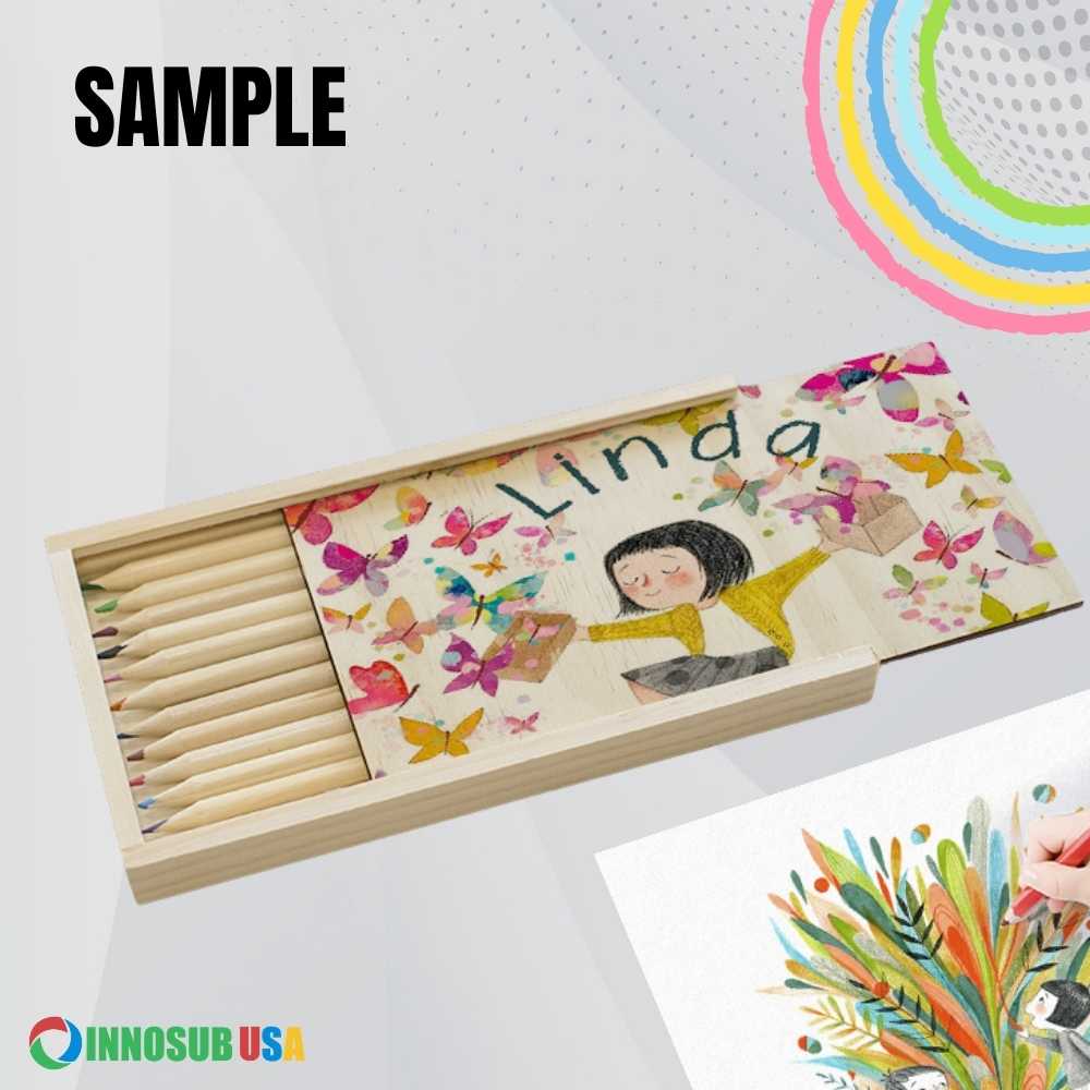 Sublimation Blanks Pencil Box with 12 pcs Color Pencils |  PlyWood Brush Set
