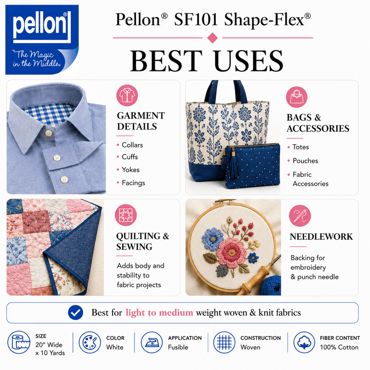 Pellon® SF101 Shape-Flex® Fusible Woven Cotton Interfacing – 20" x 10 Yard Bolt (Black)