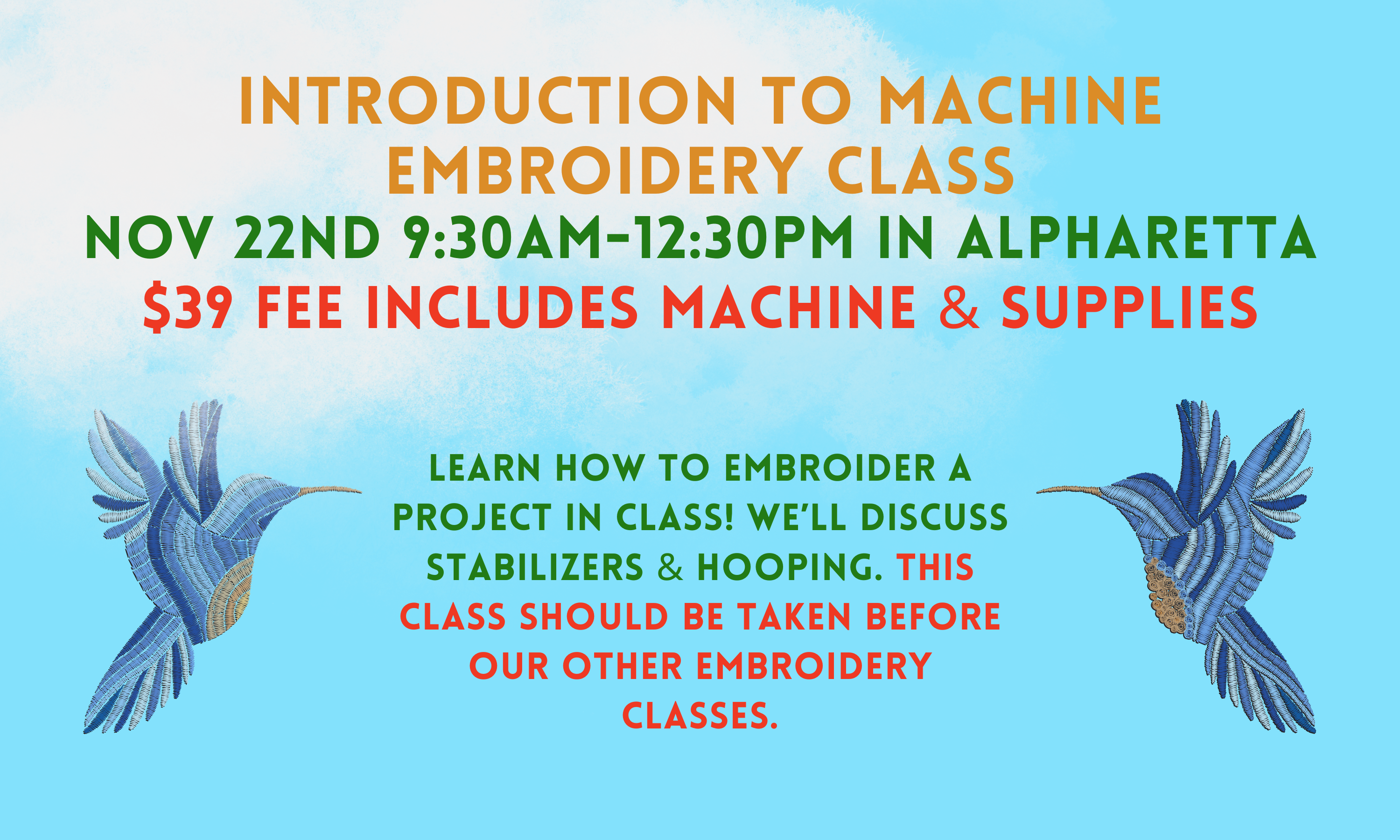 Introduction to Machine Embroidery Class 11/22 Tickets